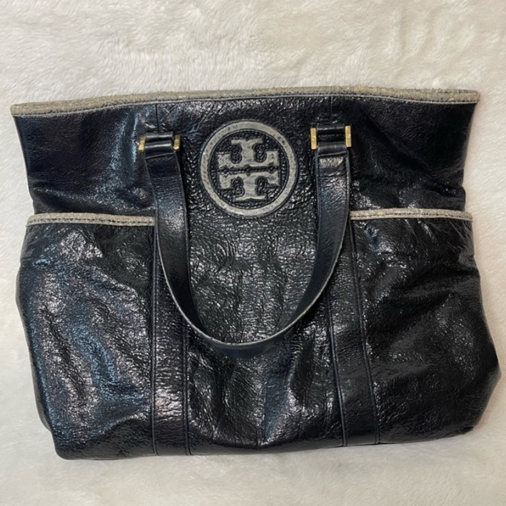 Tory Burch Black Leather Tote | Reva Logo | Python Trim | Large Shoulder Bag